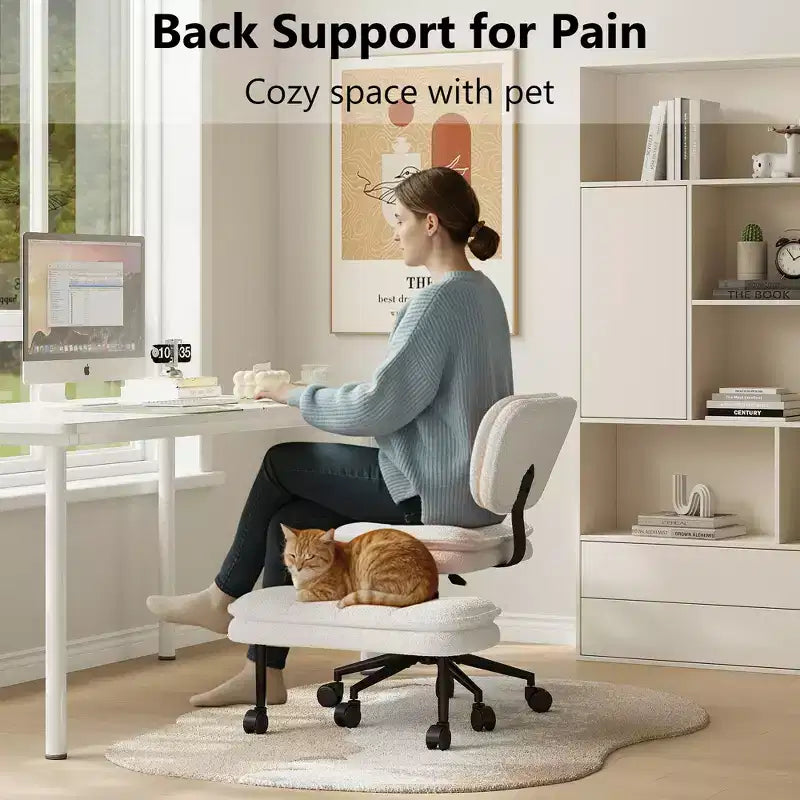 Chaise de bureau jambes croisées avec pouf - Siège large pivotant sans accoudoirs pour bureau à domicile et coiffeuse
