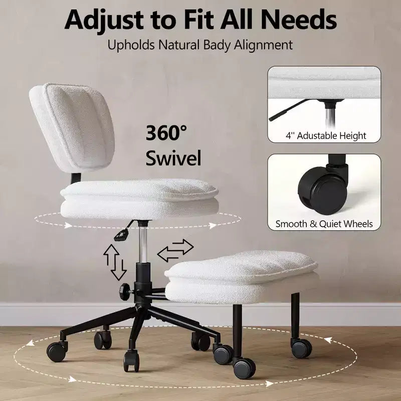 Chaise de bureau jambes croisées avec pouf - Siège large pivotant sans accoudoirs pour bureau à domicile et coiffeuse