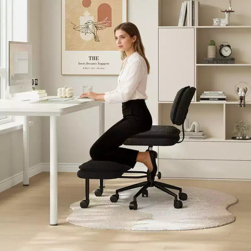 Chaise de bureau jambes croisées avec pouf - Siège large pivotant sans accoudoirs pour bureau à domicile et coiffeuse