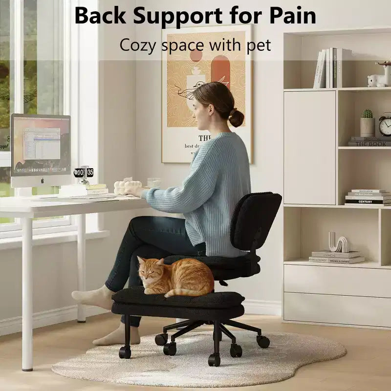 Chaise de bureau jambes croisées avec pouf - Siège large pivotant sans accoudoirs pour bureau à domicile et coiffeuse
