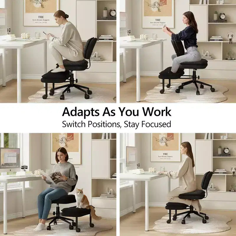 Chaise de bureau jambes croisées avec pouf - Siège large pivotant sans accoudoirs pour bureau à domicile et coiffeuse