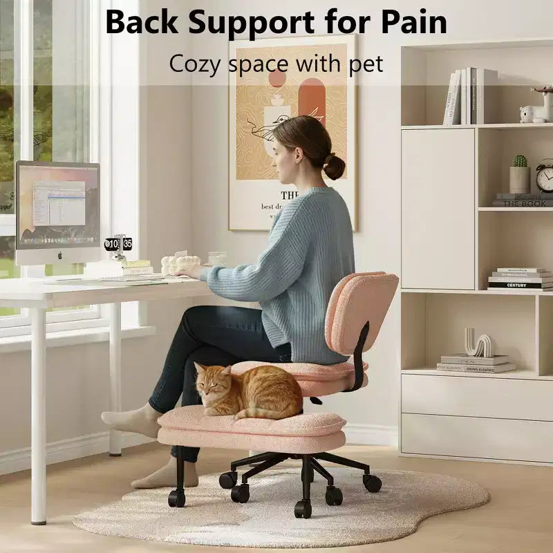 Chaise de bureau jambes croisées avec pouf - Siège large pivotant sans accoudoirs pour bureau à domicile et coiffeuse