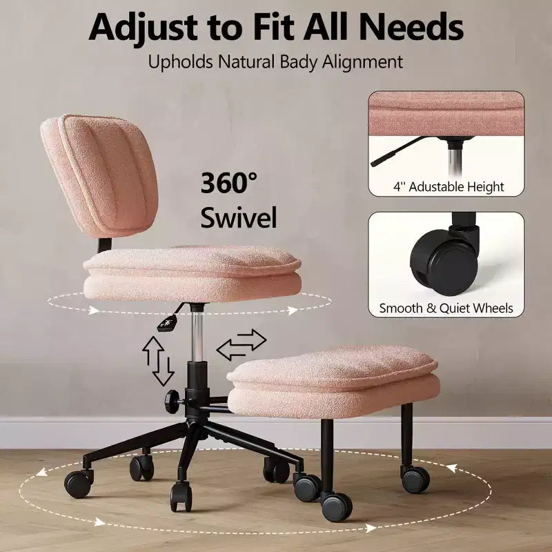 Chaise de bureau jambes croisées avec pouf - Siège large pivotant sans accoudoirs pour bureau à domicile et coiffeuse