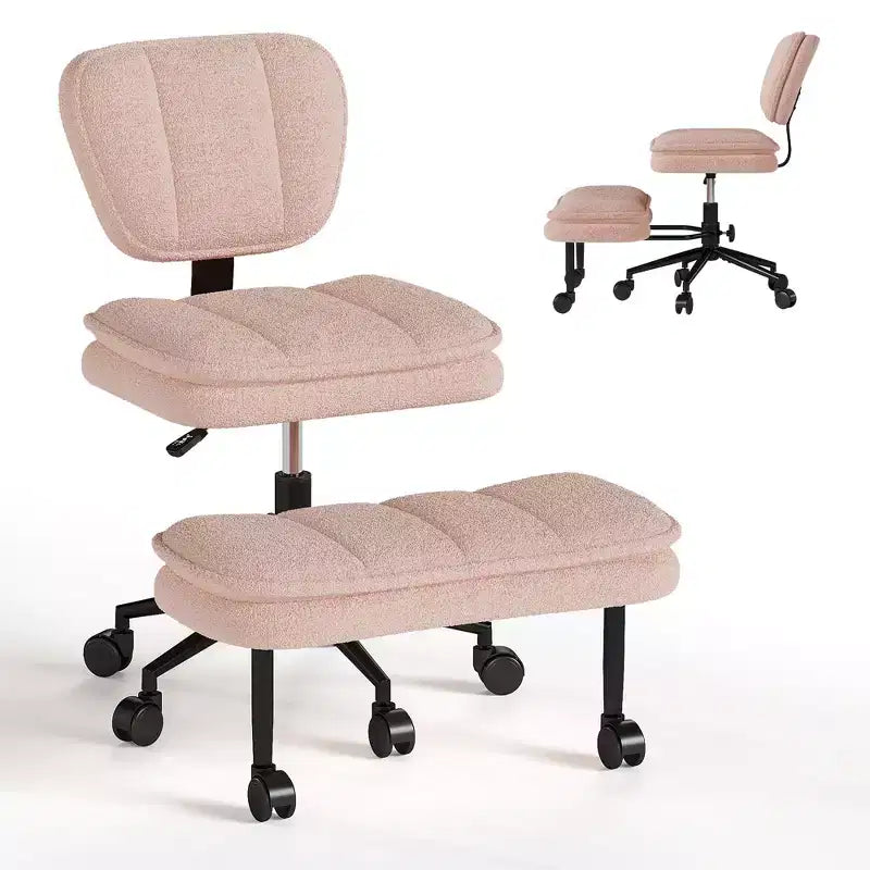 Chaise de bureau jambes croisées avec pouf - Siège large pivotant sans accoudoirs pour bureau à domicile et coiffeuse