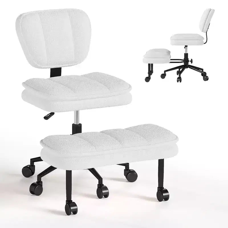 Chaise de bureau jambes croisées avec pouf - Siège large pivotant sans accoudoirs pour bureau à domicile et coiffeuse