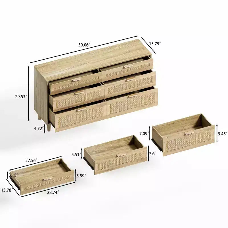 Commode 6 tiroirs en rotin de 150 cm avec poignées en métal et pieds en bois, naturel