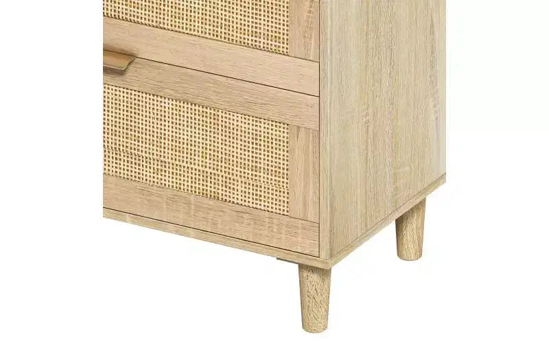 Commode 6 tiroirs en rotin de 150 cm avec poignées en métal et pieds en bois, naturel