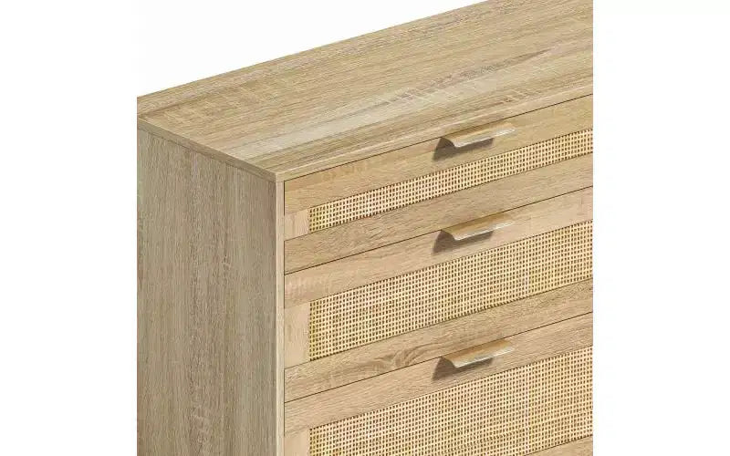 Commode 6 tiroirs en rotin de 150 cm avec poignées en métal et pieds en bois, naturel