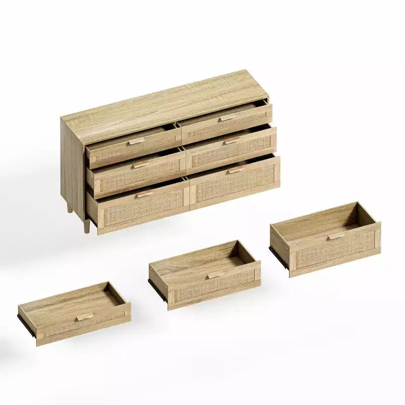 Commode 6 tiroirs en rotin de 150 cm avec poignées en métal et pieds en bois, naturel