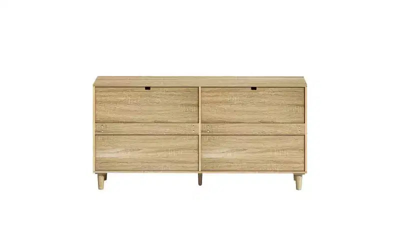 Commode 6 tiroirs en rotin de 150 cm avec poignées en métal et pieds en bois, naturel