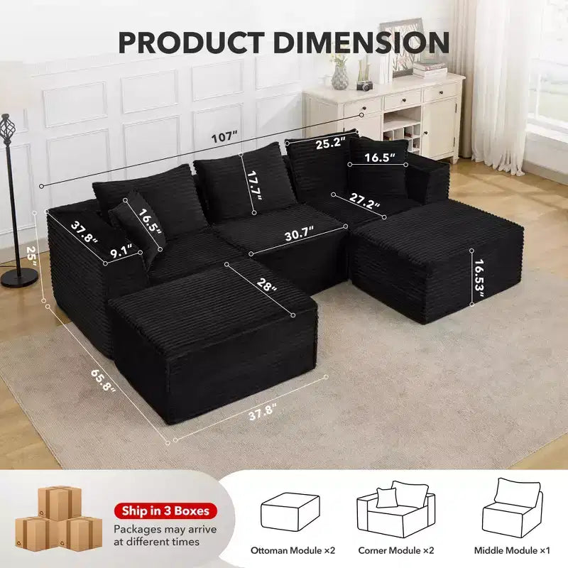 Canapé d'angle modulable avec pouf | Design minimaliste et moderne | Aucun assemblage requis