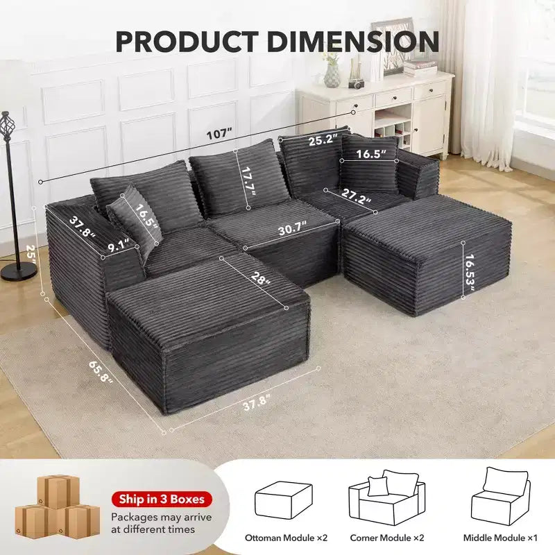 Canapé d'angle modulable avec pouf | Design minimaliste et moderne | Aucun assemblage requis