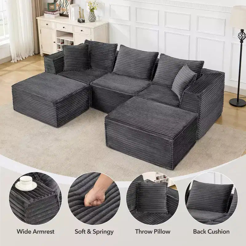Canapé d'angle modulable avec pouf | Design minimaliste et moderne | Aucun assemblage requis