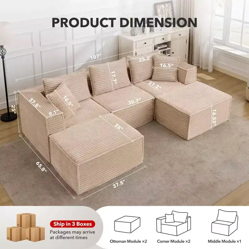 Canapé d'angle modulable avec pouf | Design minimaliste et moderne | Aucun assemblage requis