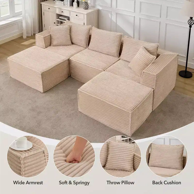Canapé d'angle modulable avec pouf | Design minimaliste et moderne | Aucun assemblage requis
