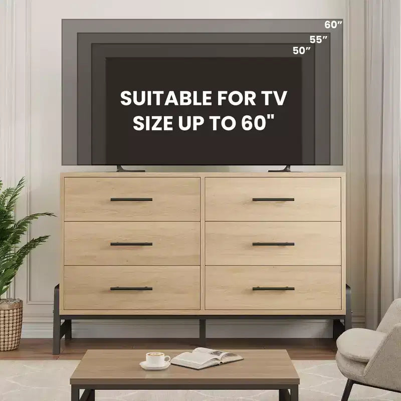 Commode en bois de 52 pouces de large à 6 tiroirs pour chambre à coucher, meuble de rangement autonome