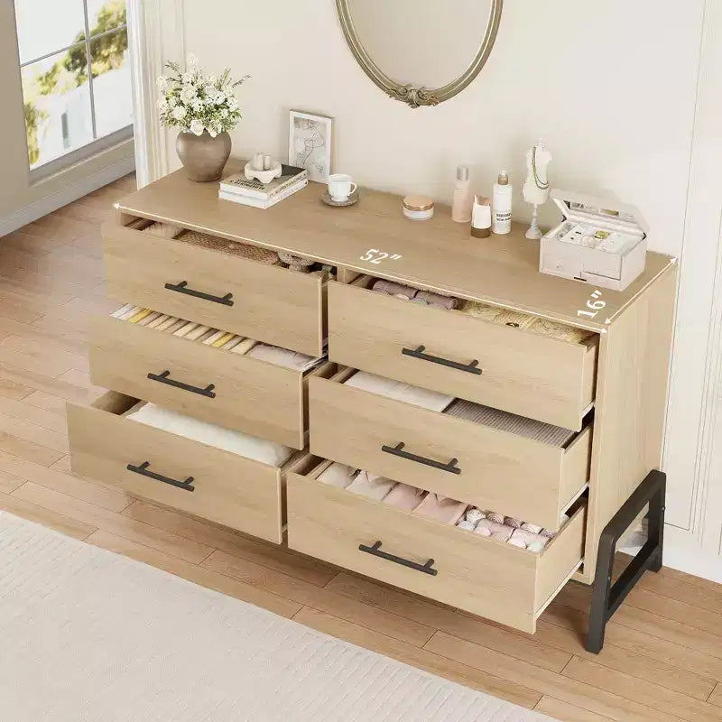 Commode en bois de 52 pouces de large à 6 tiroirs pour chambre à coucher, meuble de rangement autonome