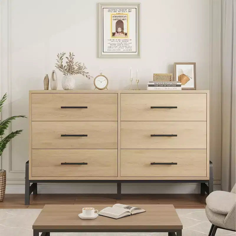 Commode en bois de 52 pouces de large à 6 tiroirs pour chambre à coucher, meuble de rangement autonome