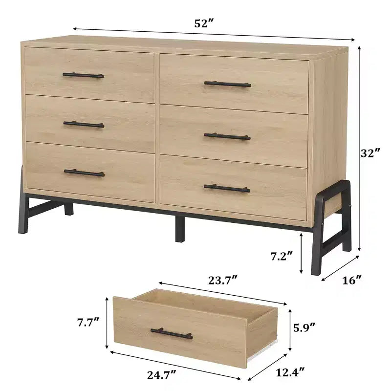 Commode en bois de 52 pouces de large à 6 tiroirs pour chambre à coucher, meuble de rangement autonome