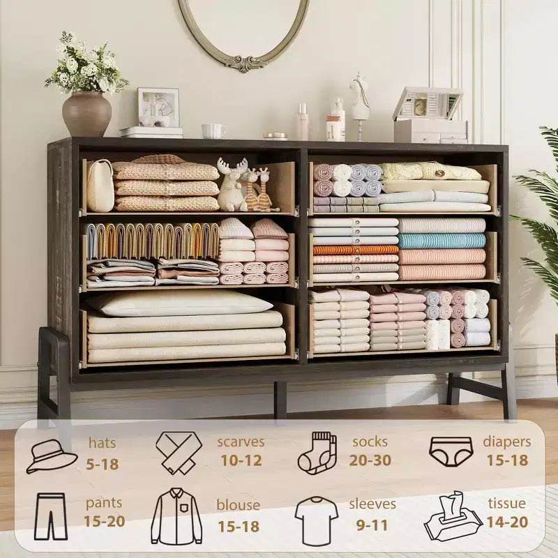 Commode en bois de 52 pouces de large à 6 tiroirs pour chambre à coucher, meuble de rangement autonome