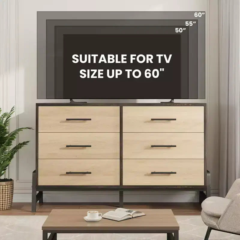 Commode en bois de 52 pouces de large à 6 tiroirs pour chambre à coucher, meuble de rangement autonome