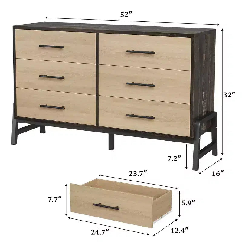 Commode en bois de 52 pouces de large à 6 tiroirs pour chambre à coucher, meuble de rangement autonome