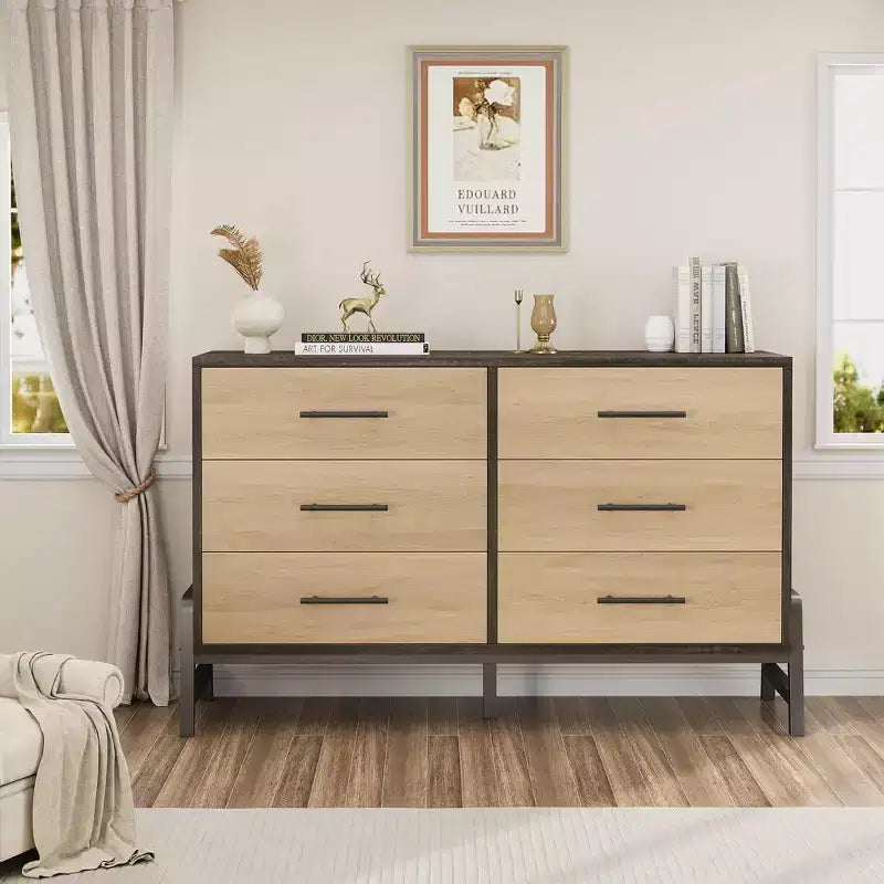 Commode en bois de 52 pouces de large à 6 tiroirs pour chambre à coucher, meuble de rangement autonome