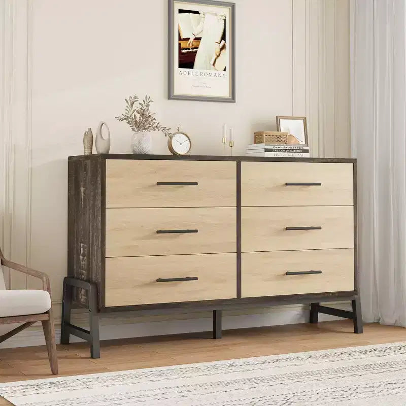 Commode en bois de 52 pouces de large à 6 tiroirs pour chambre à coucher, meuble de rangement autonome