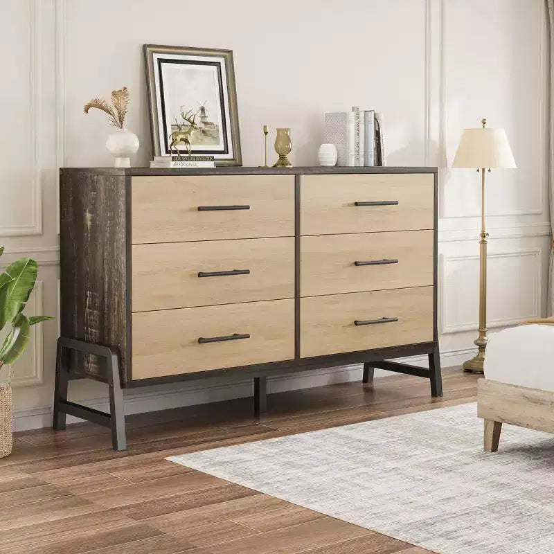 Commode en bois de 52 pouces de large à 6 tiroirs pour chambre à coucher, meuble de rangement autonome
