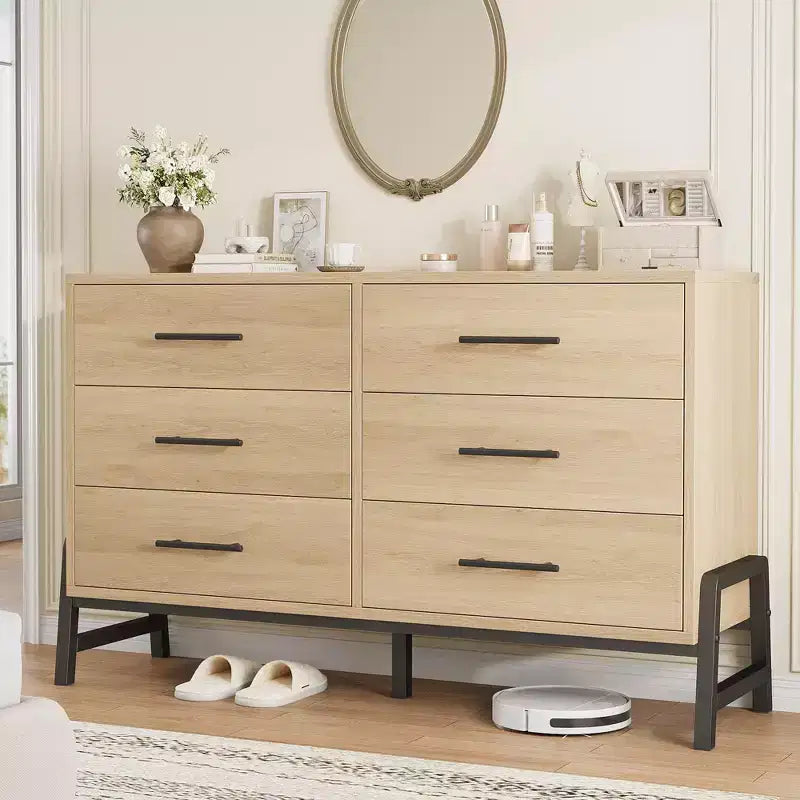 Commode en bois de 52 pouces de large à 6 tiroirs pour chambre à coucher, meuble de rangement autonome