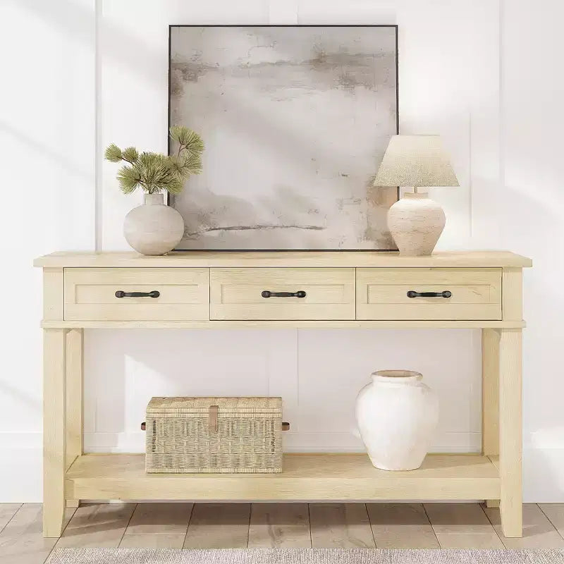 Table console de ferme de 54 pouces avec 3 tiroirs et étagères ouvertes