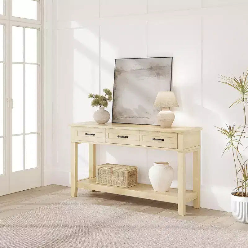 Table console de ferme de 54 pouces avec 3 tiroirs et étagères ouvertes