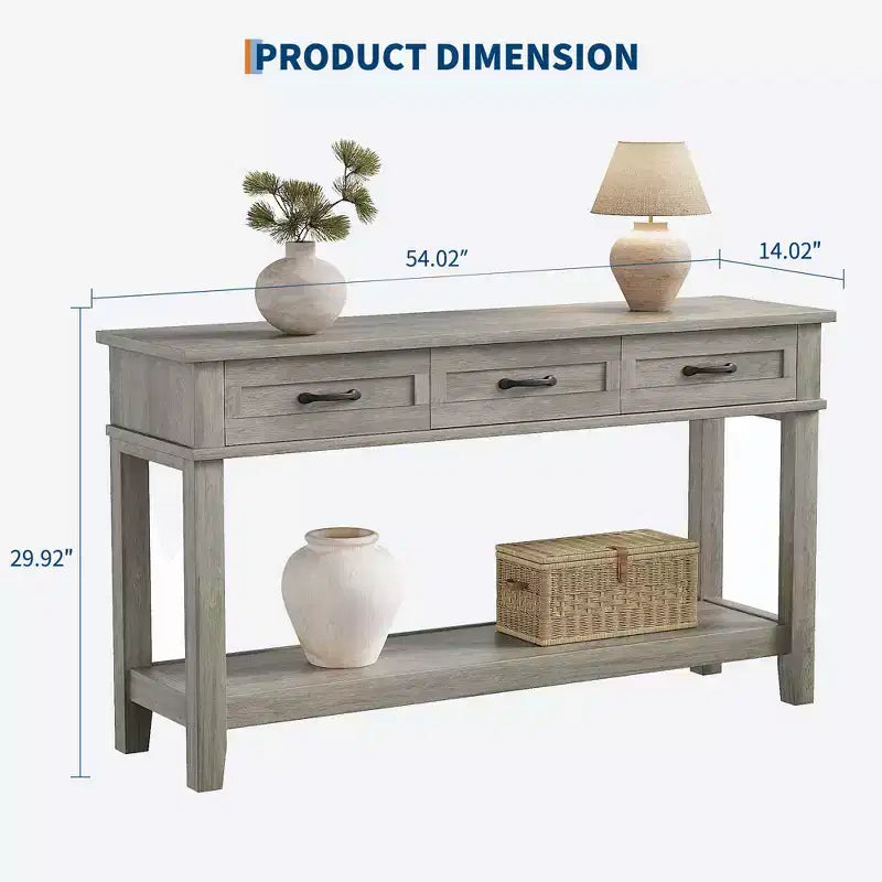 Table console de ferme de 54 pouces avec 3 tiroirs et étagères ouvertes