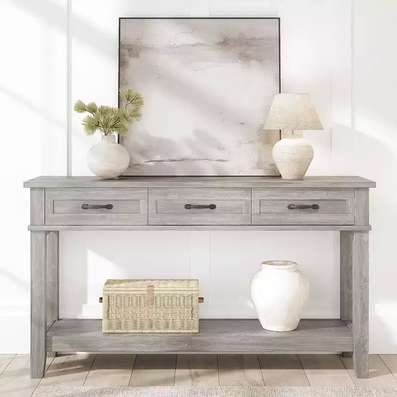 Table console de ferme de 54 pouces avec 3 tiroirs et étagères ouvertes