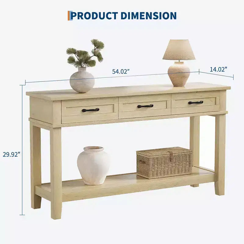 Table console de ferme de 54 pouces avec 3 tiroirs et étagères ouvertes