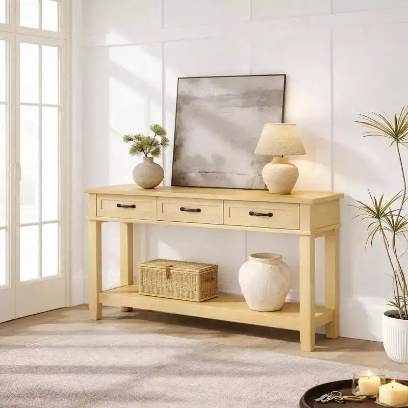 Table console de ferme de 54 pouces avec 3 tiroirs et étagères ouvertes