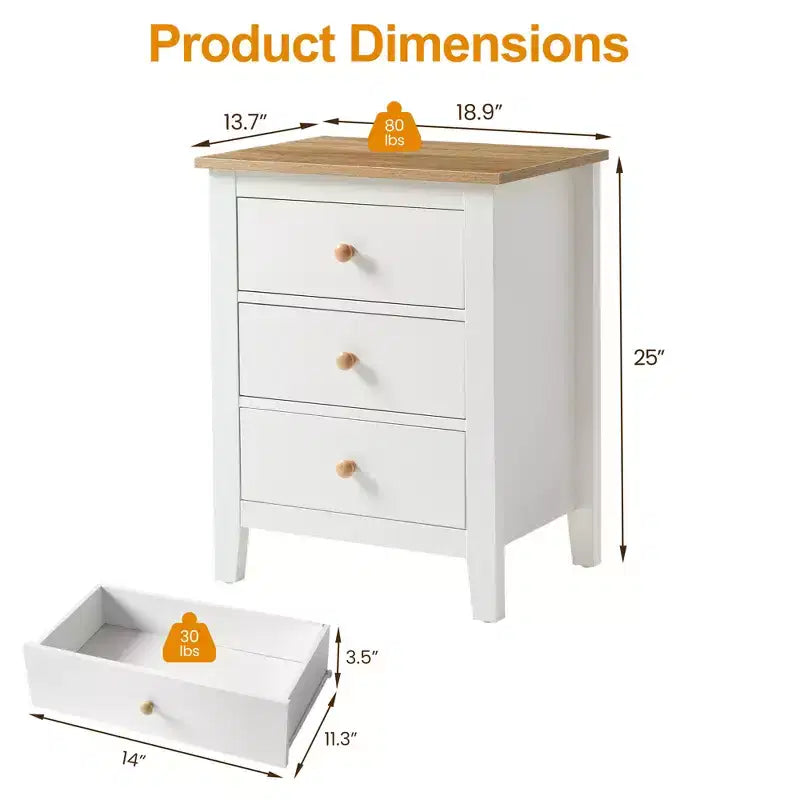 Table de chevet à 3 tiroirs avec poignées en bois