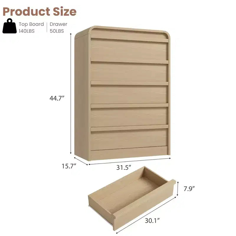 Commode 5 tiroirs - Meuble de rangement moderne en bois courbé avec finition chêne naturel