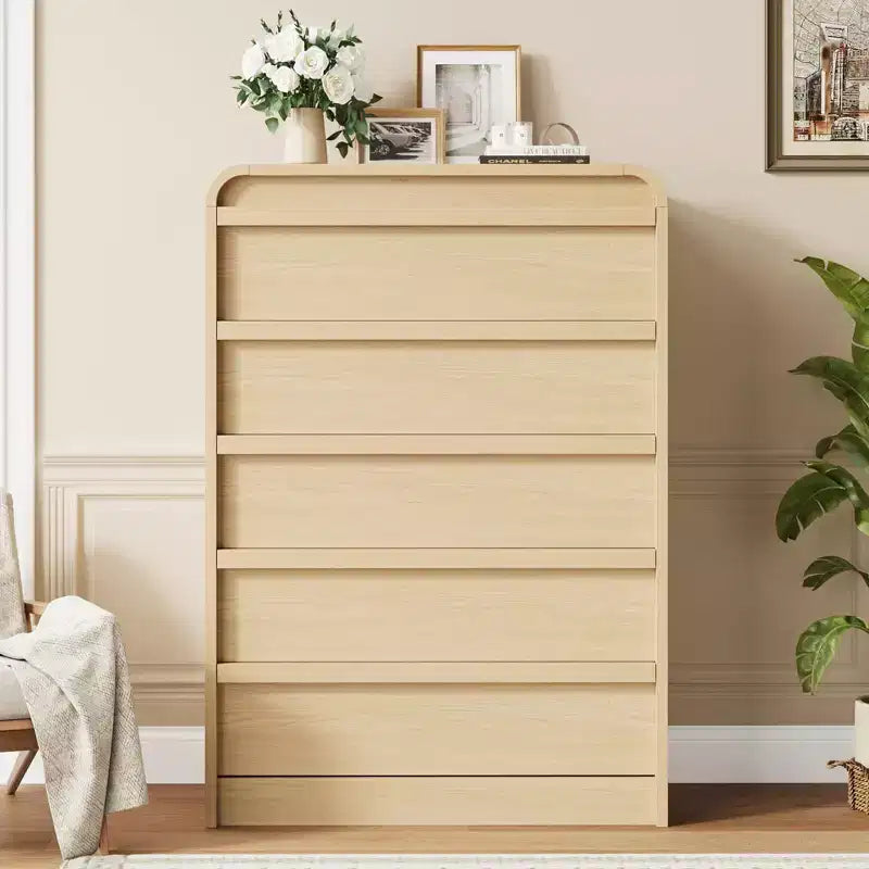 Commode 5 tiroirs - Meuble de rangement moderne en bois courbé avec finition chêne naturel