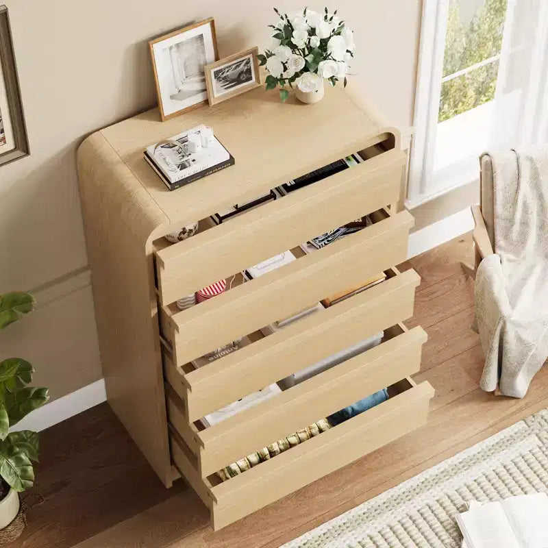 Commode 5 tiroirs - Meuble de rangement moderne en bois courbé avec finition chêne naturel