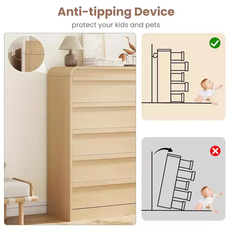 Commode 5 tiroirs - Meuble de rangement moderne en bois courbé avec finition chêne naturel