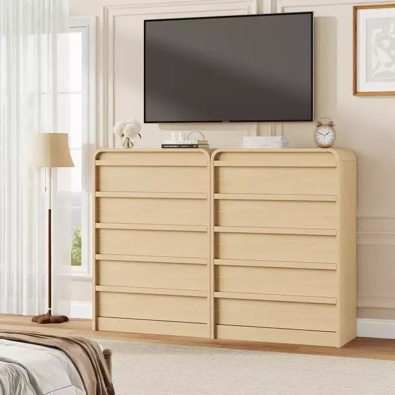 Commode 5 tiroirs - Meuble de rangement moderne en bois courbé avec finition chêne naturel