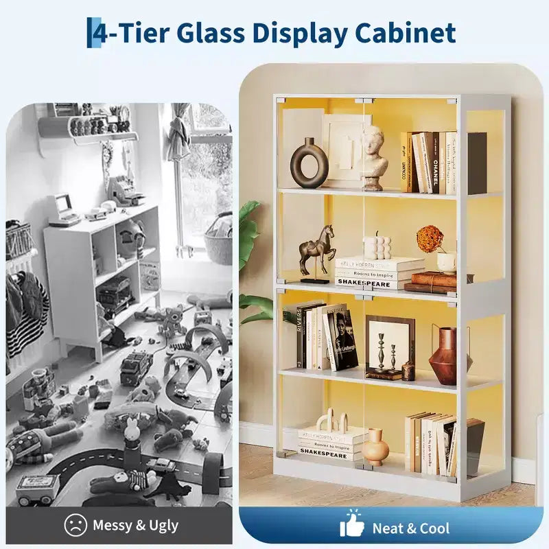 Vitrine en verre à 4 niveaux avec portes en verre et étagère de rangement pour objets de collection