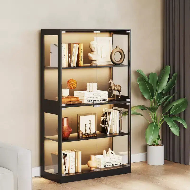 Vitrine en verre à 4 niveaux avec portes en verre et étagère de rangement pour objets de collection