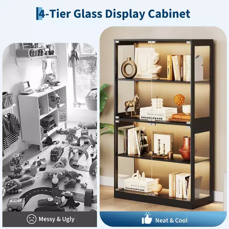 Vitrine en verre à 4 niveaux avec portes en verre et étagère de rangement pour objets de collection