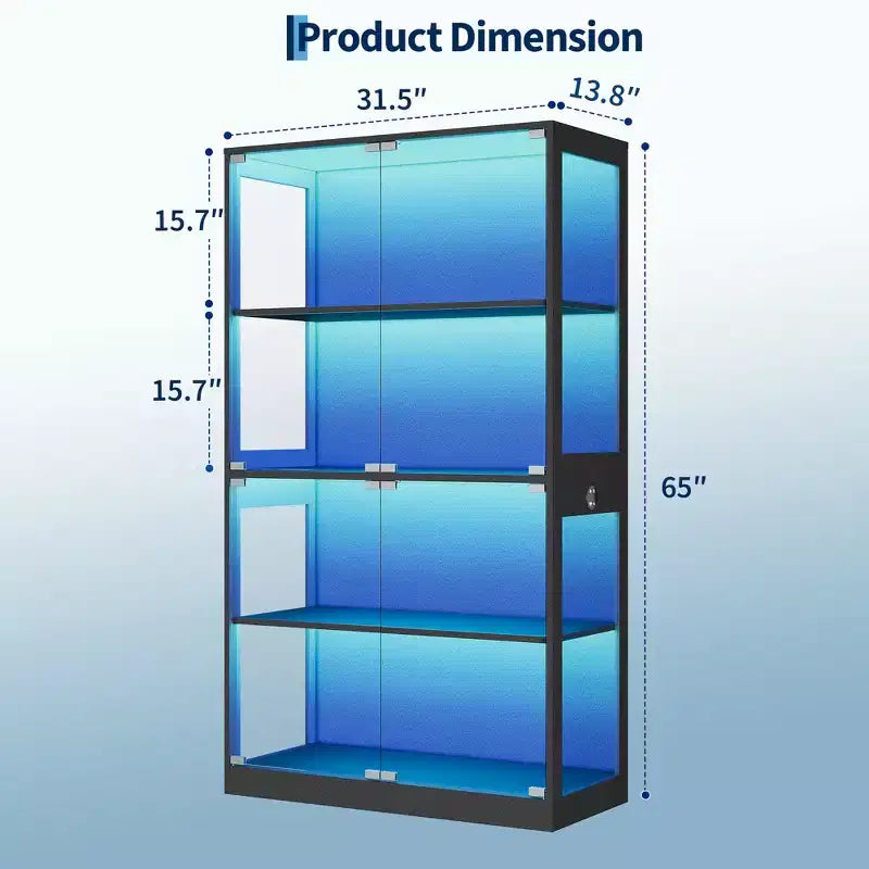 Vitrine en verre à 4 niveaux avec portes en verre et étagère de rangement pour objets de collection