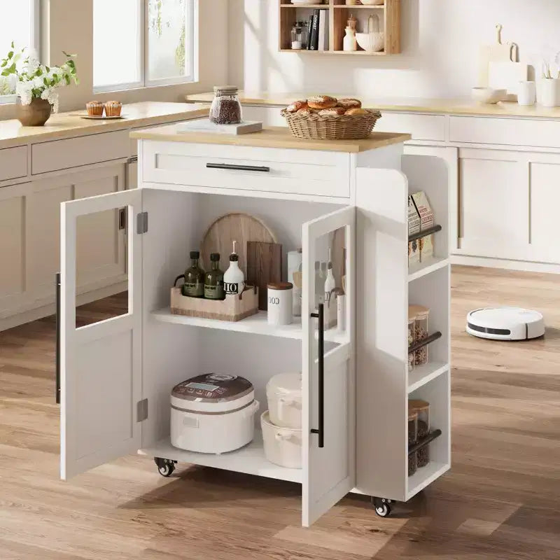 Îlot de cuisine roulant avec armoire de rangement et porte-épices