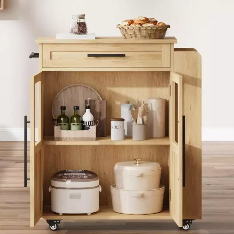 Îlot de cuisine roulant avec armoire de rangement et porte-épices