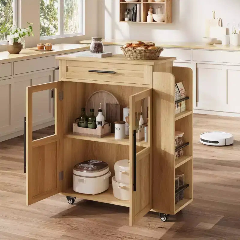 Îlot de cuisine roulant avec armoire de rangement et porte-épices