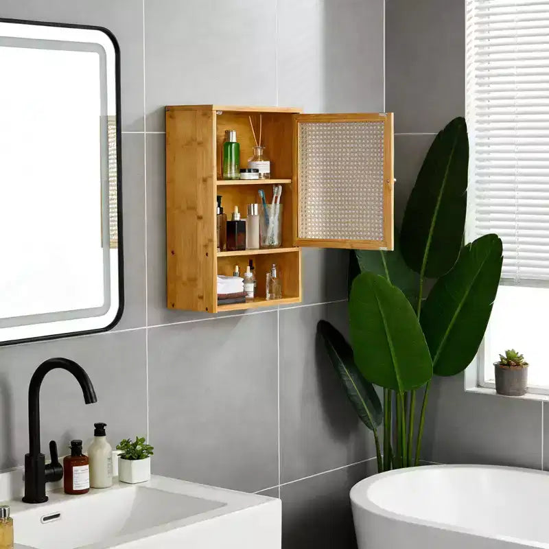 Meuble de salle de bain mural en bambou avec portes en rotin